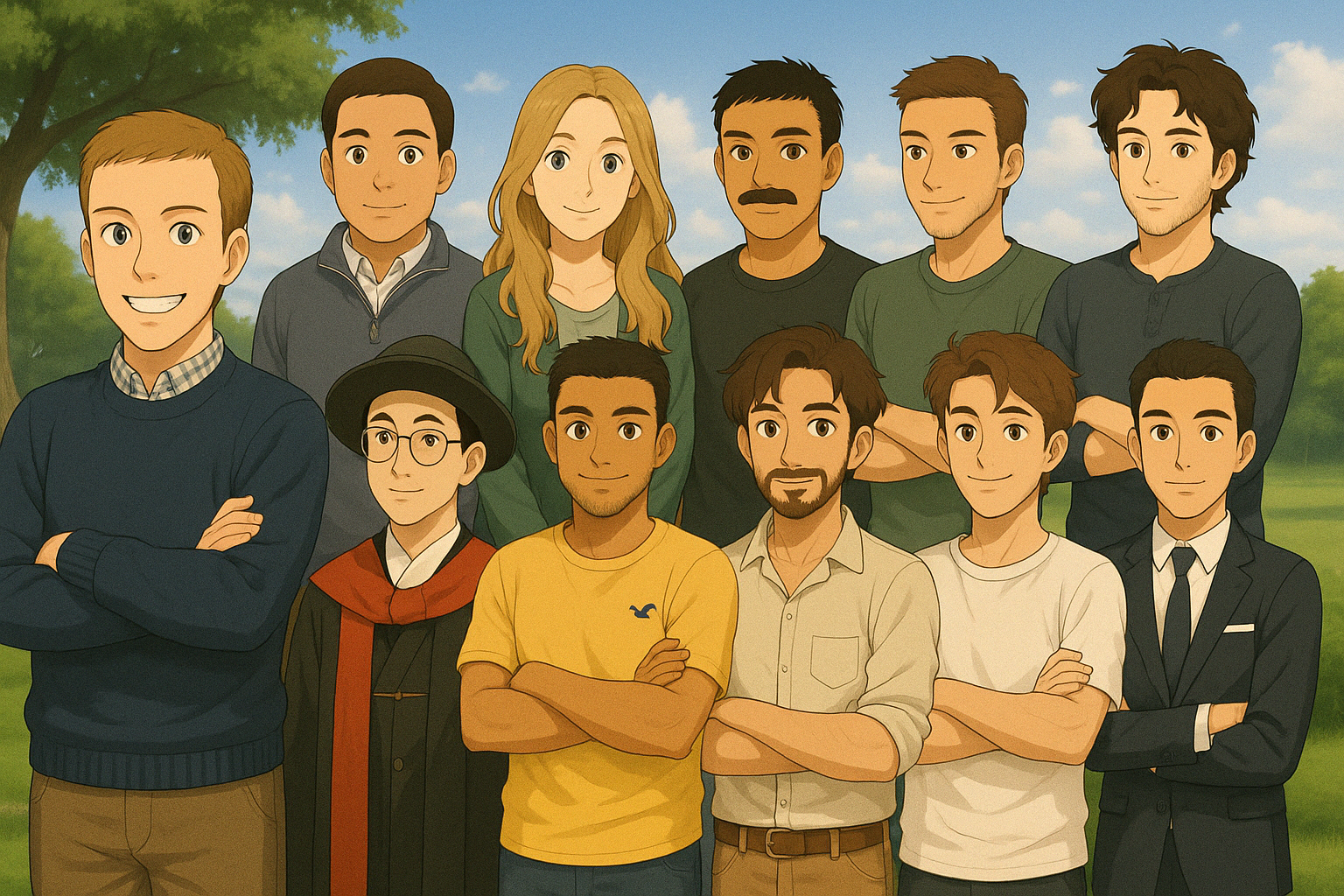 "A ghibli style photo of the group" 