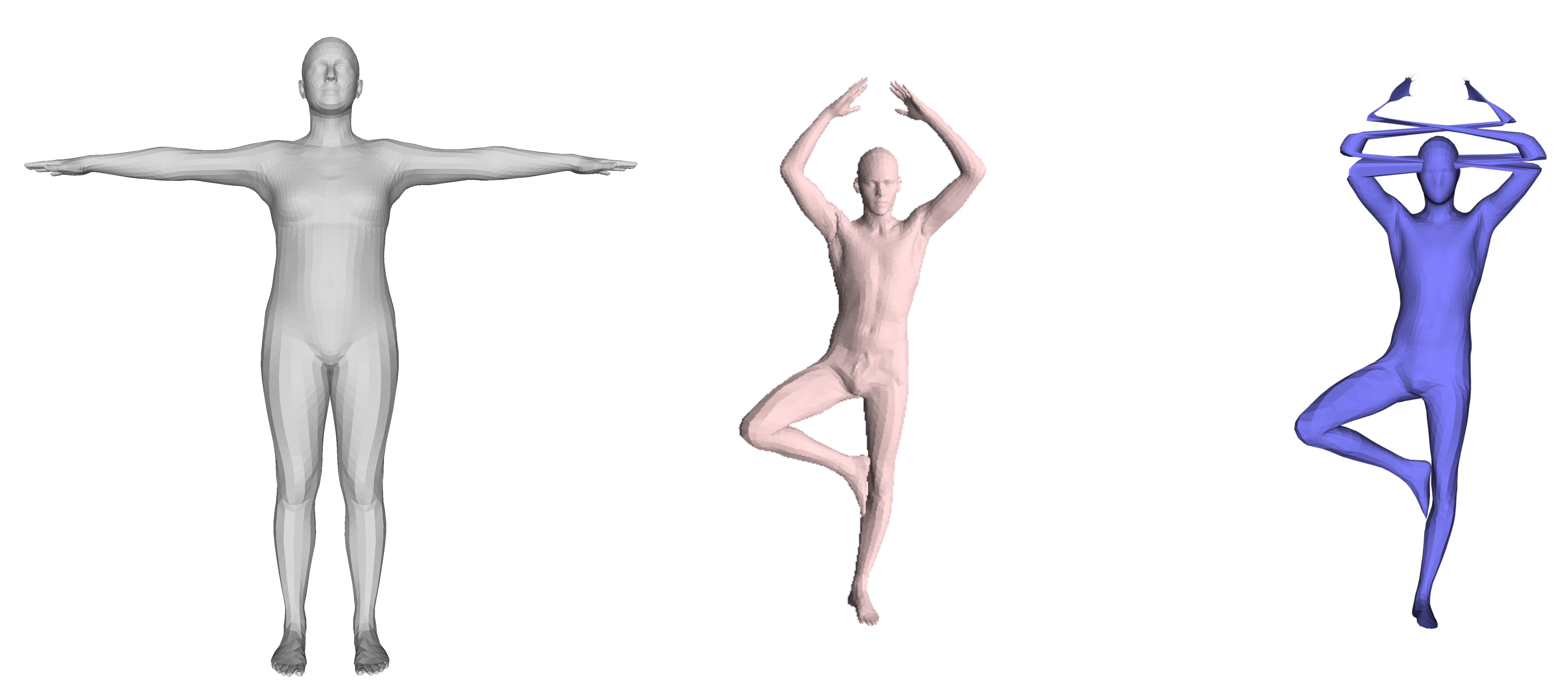 Example of a map where some parts of the arms are switched because of the natural symmetry of the human body. In gray, the template shape, in pink the target shape and in blue the target shape with connectivity transferred from the template shape via functional maps extracted using Lei's approach